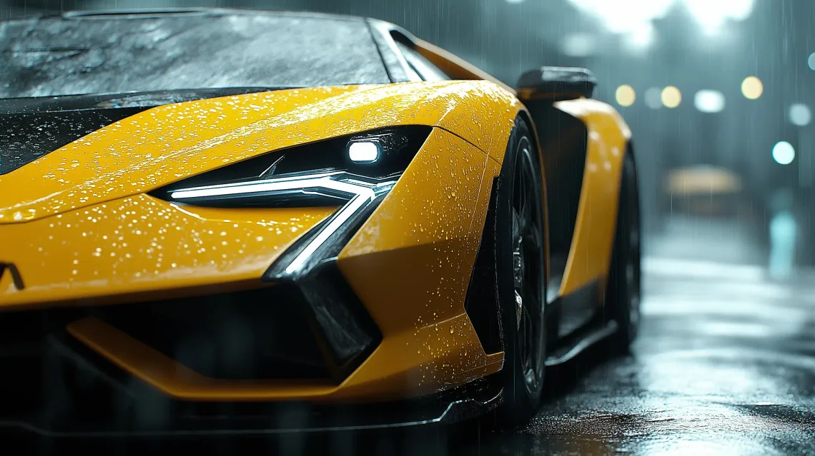 Yellow sports car parked on a wet street during rain, reflecting a sense of solitude, luxury and speed.