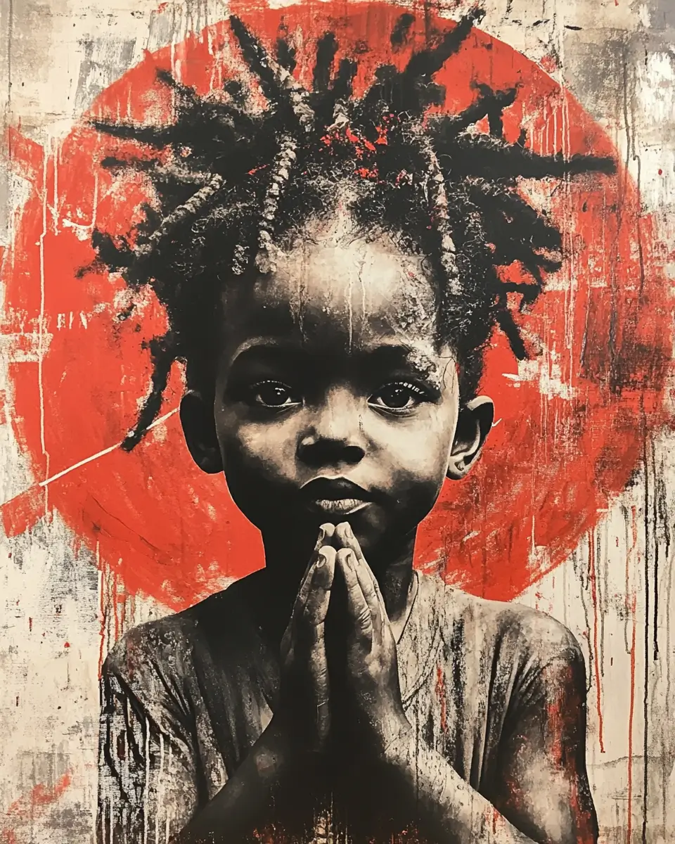 Street art of a happy black child meditating, with bright eyes and an inspired, blessed expression.