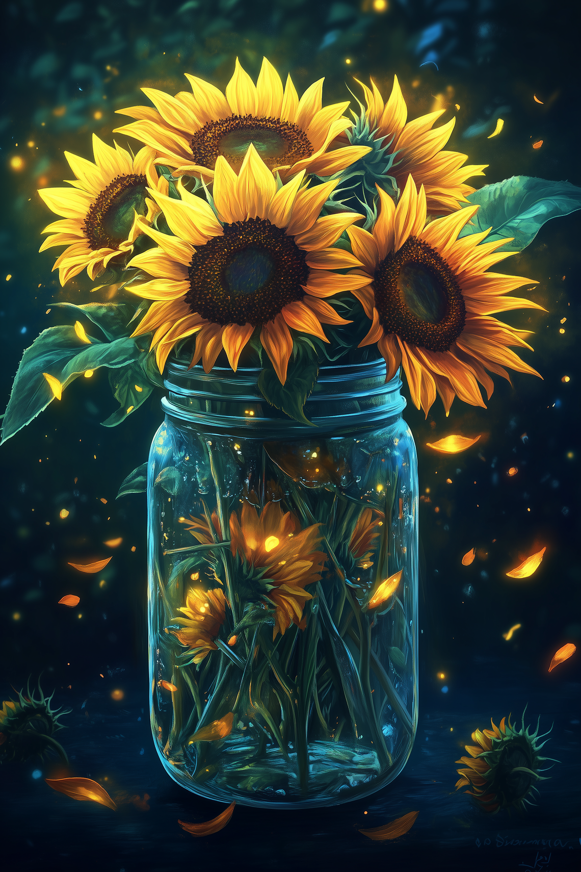 Highly detailed digital artwork of sunflowers in a mason jar, in Van Gogh’s style with vibrant blue and yellow tones.