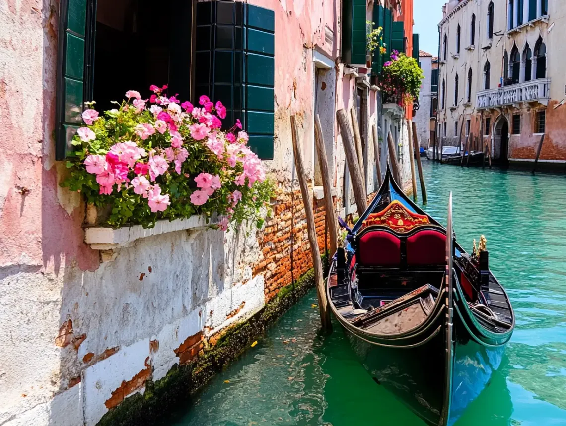 "Decorated gondola with a vibrant window box of colorful flowers, ready for a leisurely ride in Venice, Italy"