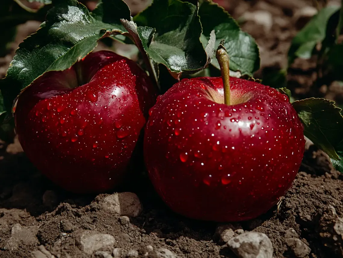 Two vibrant red apples resting on a textured, dry dirt field in an outdoor setting.