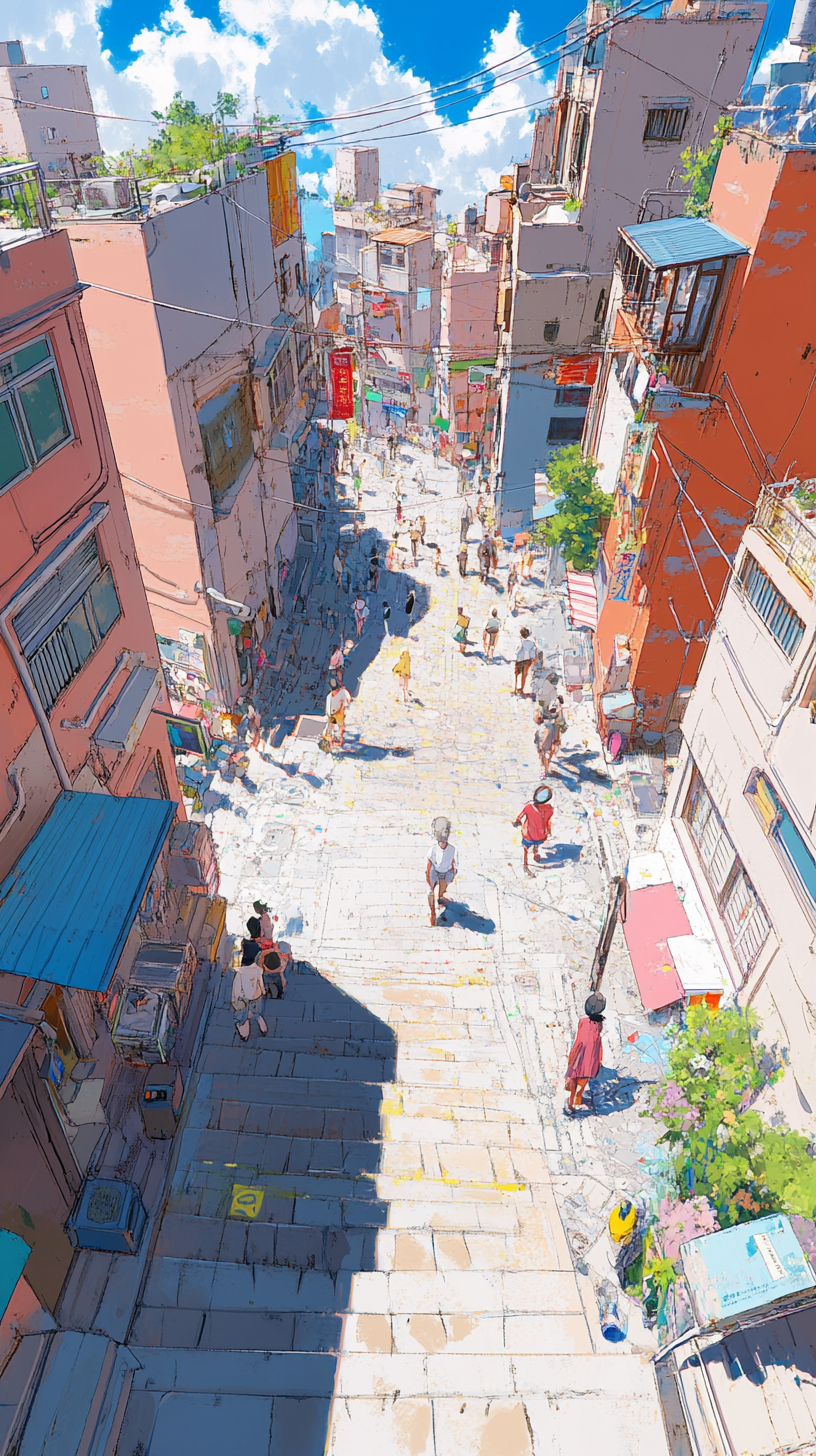 Panoramic view of city streets with people smiling, bathed in warm sunlight and vibrant retro-modern color contrasts