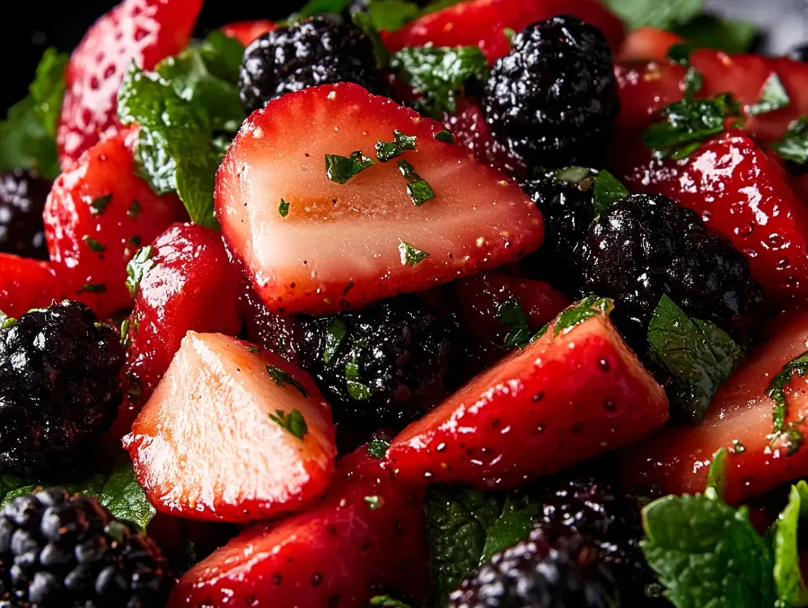 Close-up of a vibrant fruit salad with strawberries, kiwi, blueberries, oranges, and grapes on a clean plate