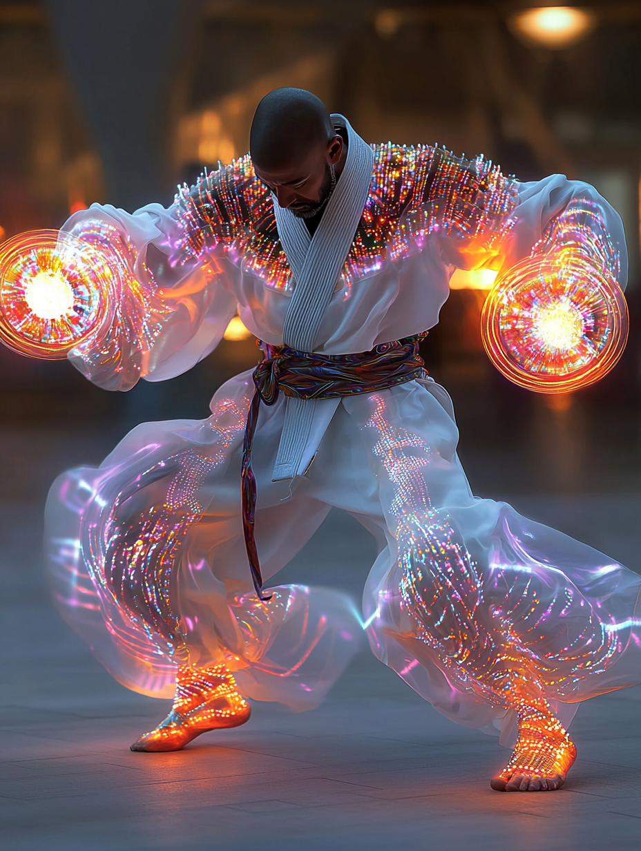 Martial arts master performing a kata in a raspberry-red, electric-blue, and indigo palette, styled by Issey Miyake