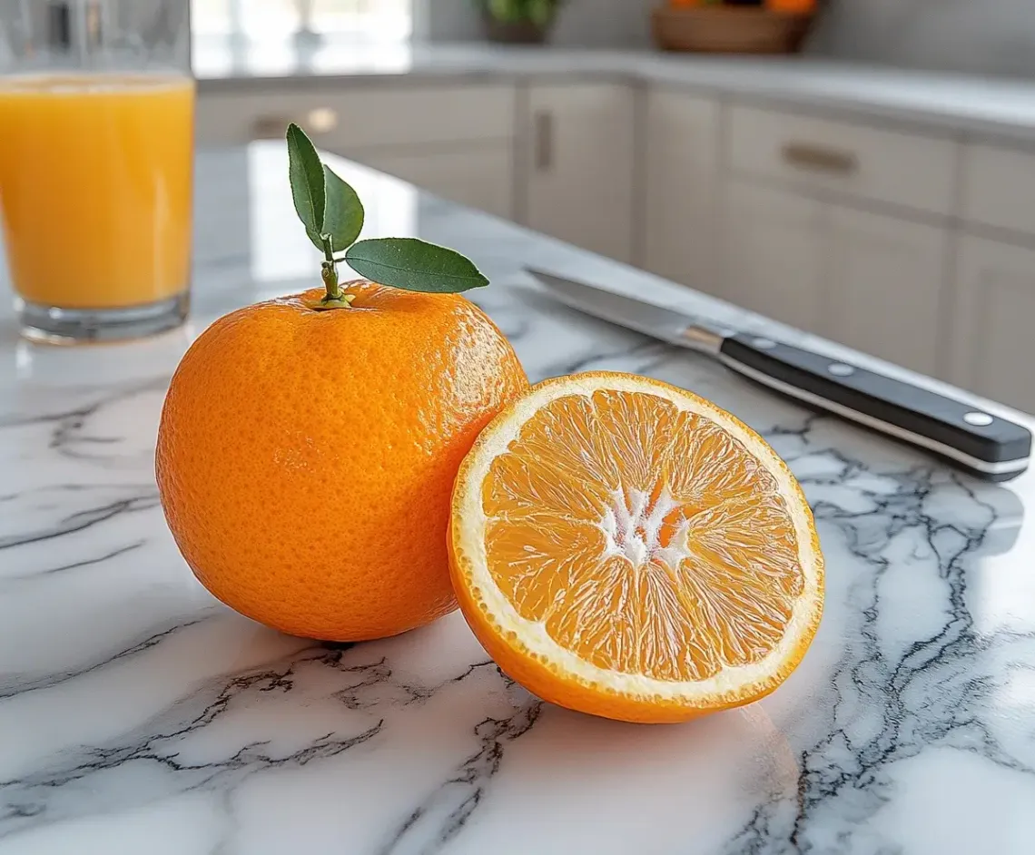 Two bright, round oranges on a smooth, light-colored countertop in a well-lit kitchen.