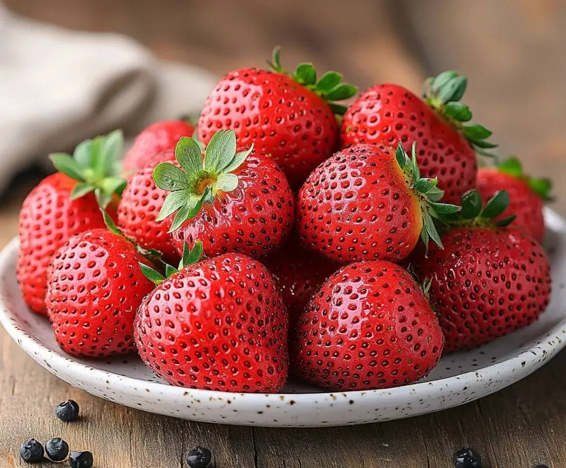 Plate of fresh, vibrant strawberries on a rustic wooden table, glistening under the light.