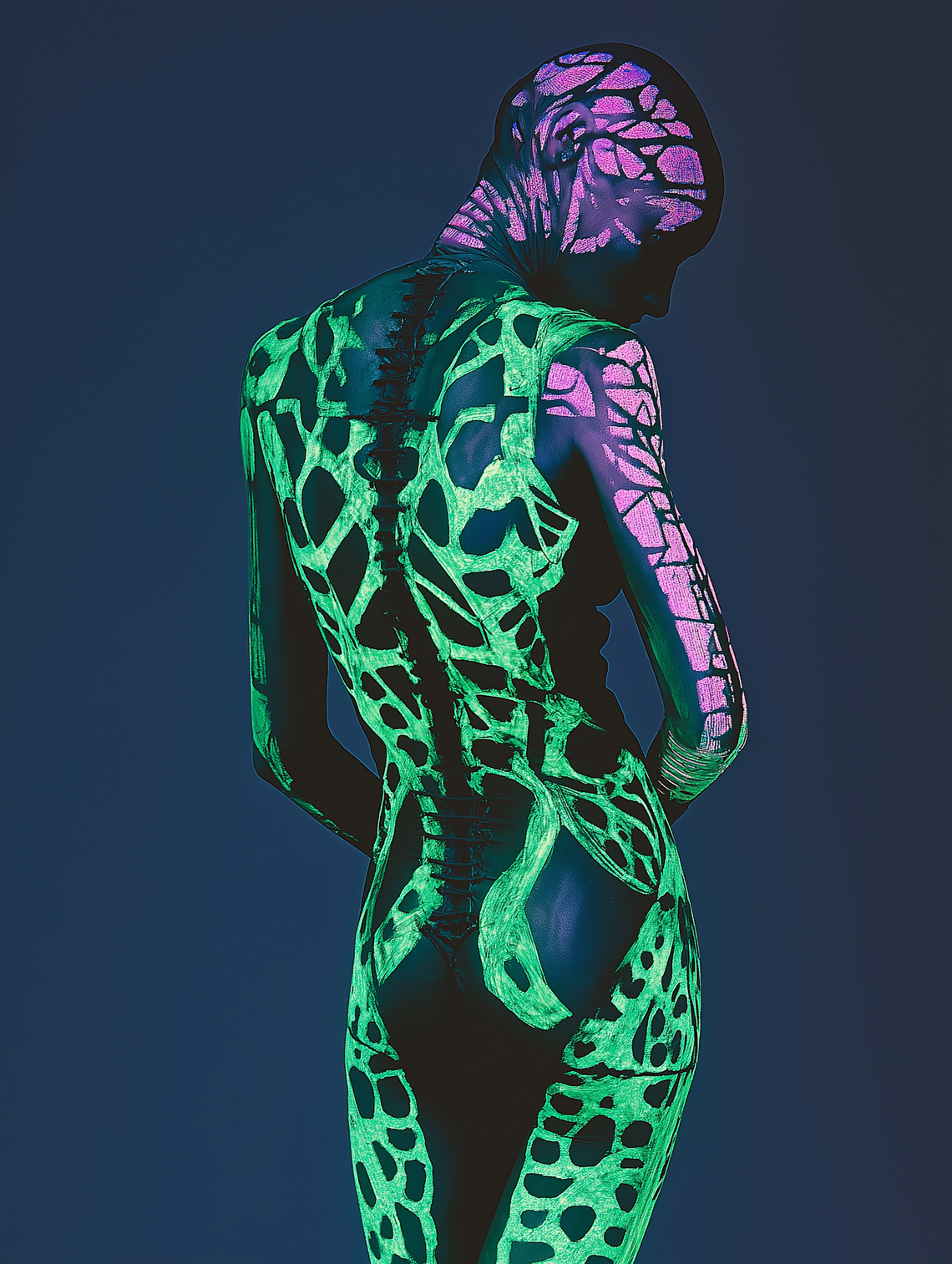 High-definition UV body art inspired by Guido Argentini, showcasing vibrant colors under blacklight.