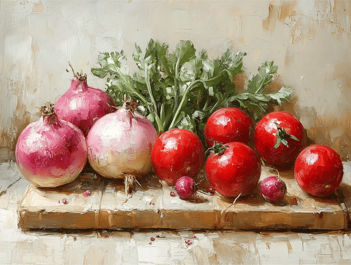 Vibrant painting of assorted vegetables on a soft background.