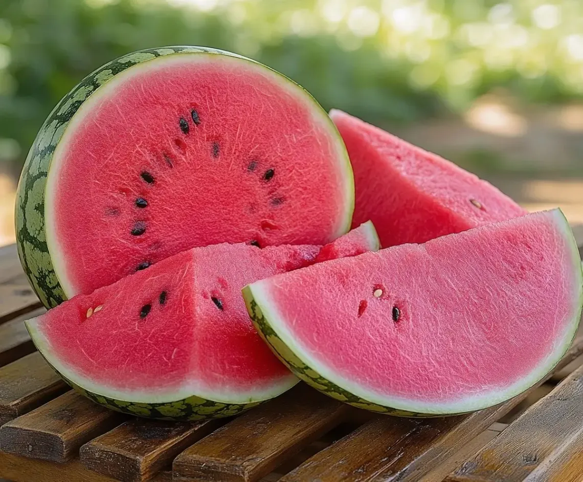 Ripe watermelons on a rustic wooden table, creating a natural, vibrant summertime scene.