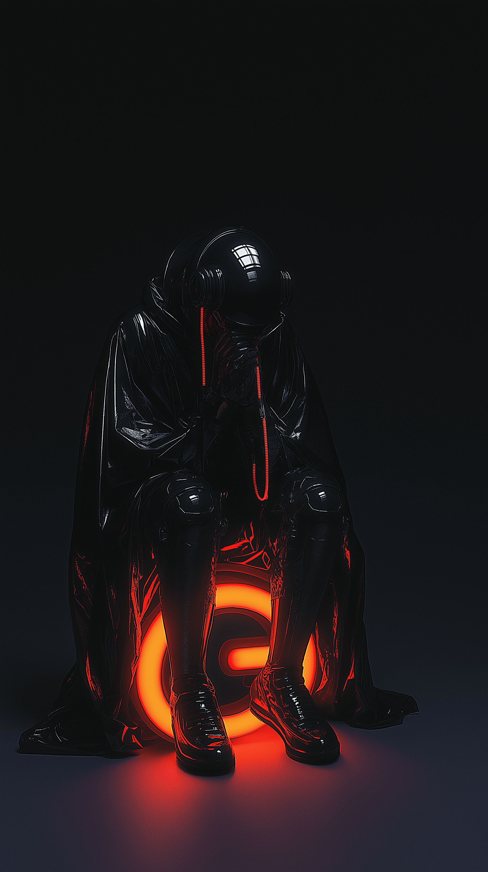 Sci-fi cyborg posed on glowing orange 'G' tube, dark background.