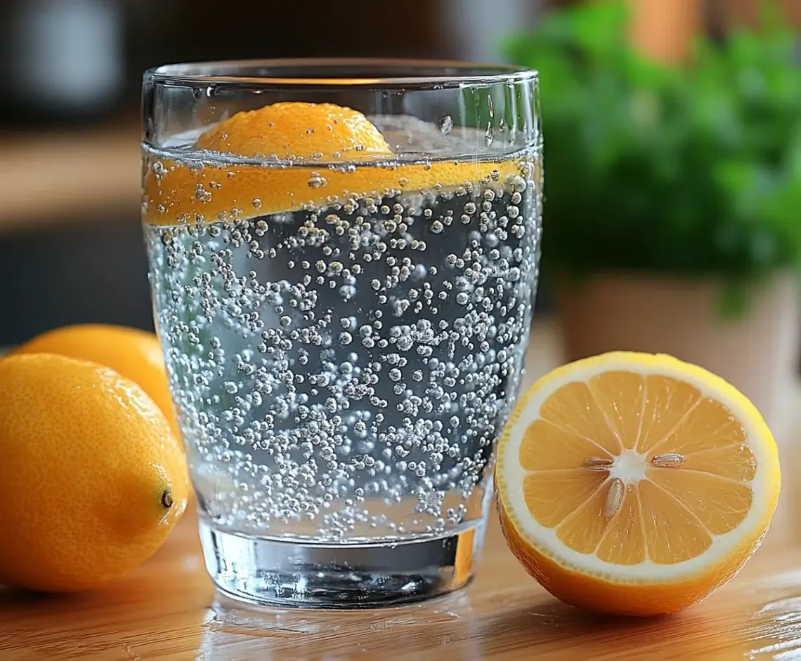 Clear glass filled with water and a vibrant orange slice, against a clean, neutral background.