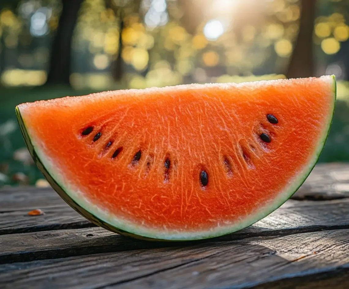 Fresh and ripe slice of red watermelon on a rustic wooden table, perfect for a summer gathering.