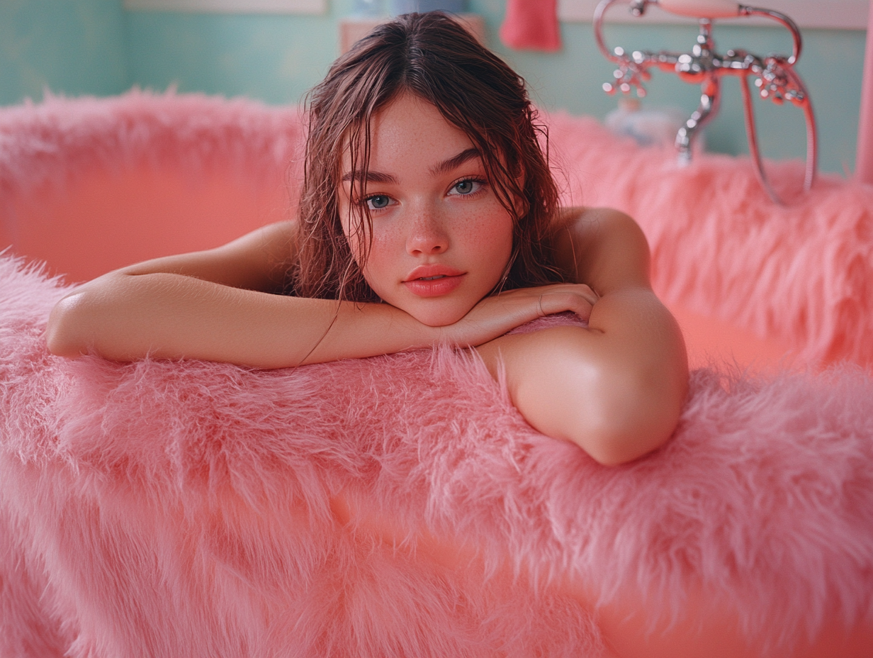 Female model sitting on the edge of a coral, fluffy bathtub in a luxurious setting with soft fur walls and floors.