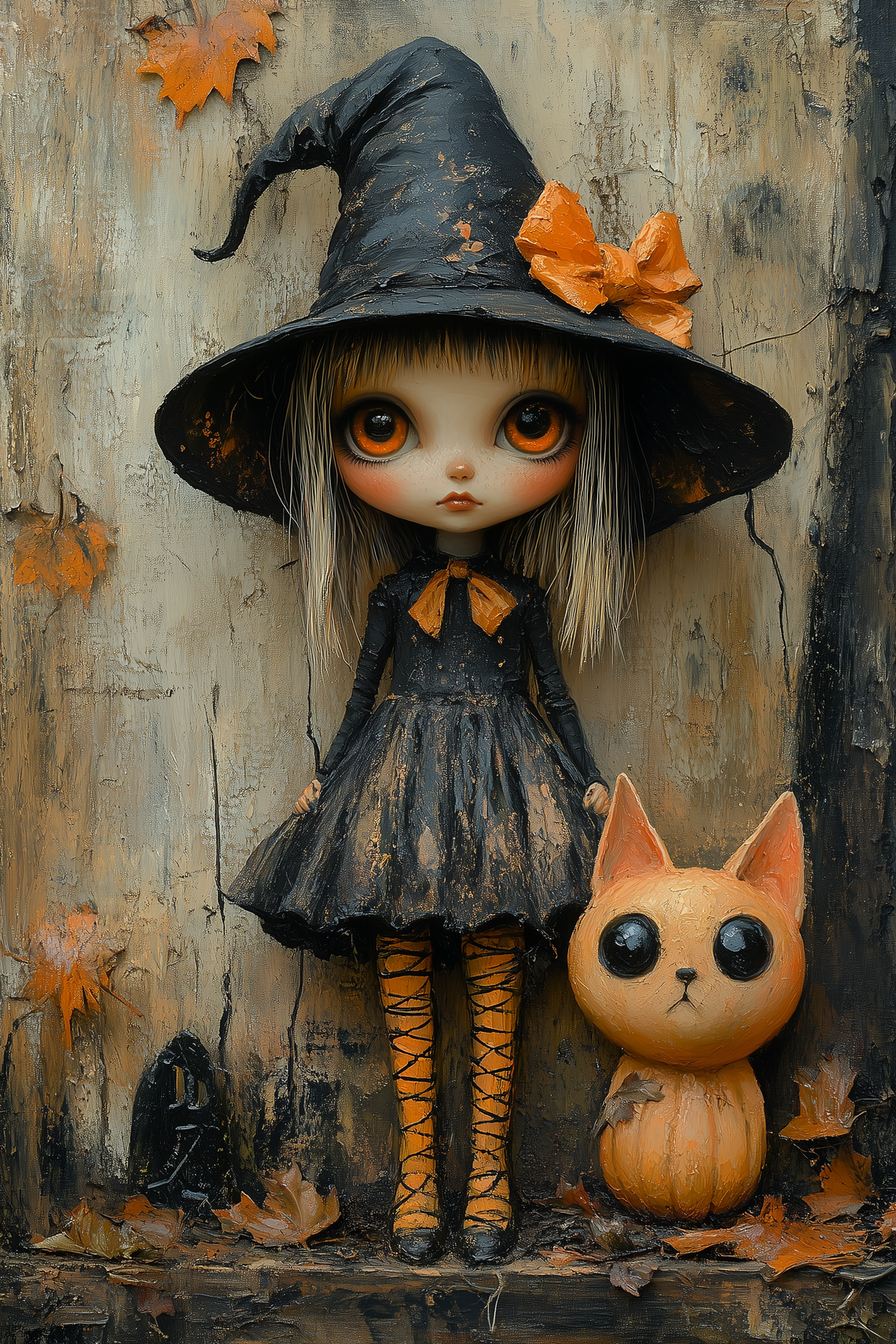 Dreamlike Halloween painting of a girl in orange and black with a matching hat and boots, alongside a pumpkin with dark eyes