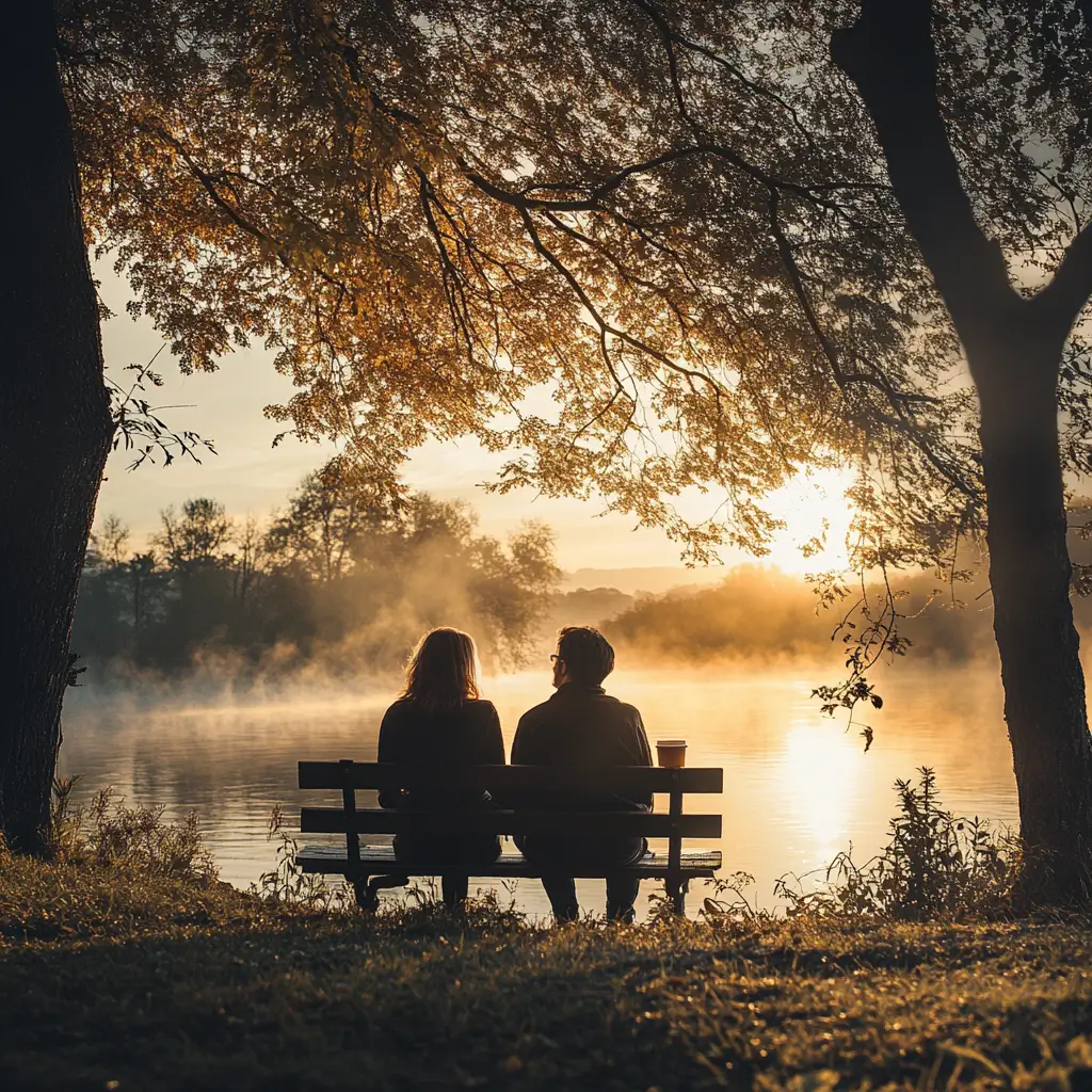 Two people sitting on a bench overlooking a serene lake surrounded by greenery, enjoying each other's company.