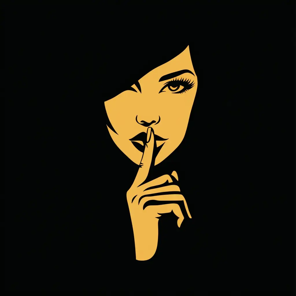 Woman with a serious expression placing her finger on lips in a gesture of silence or contemplation