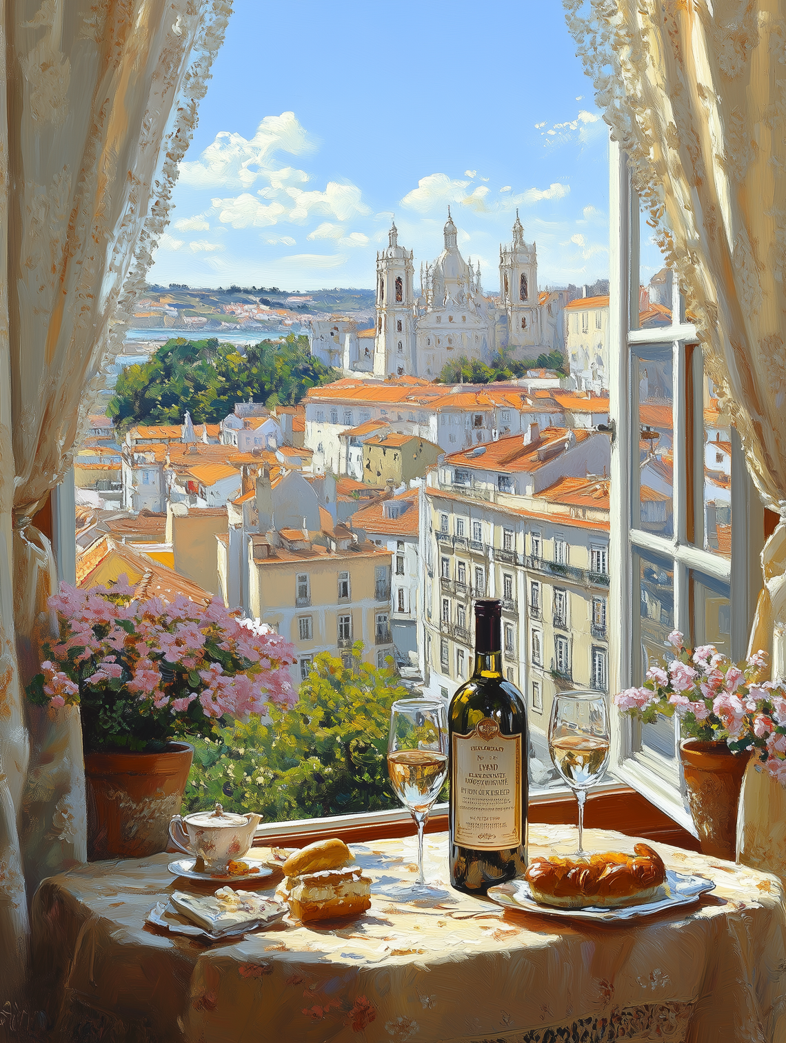 A wine bottle on a living room table, with Portugal's scenic landscape visible through large windows