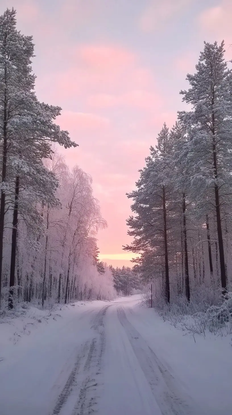 Picturesque snowy road lined with tall trees under a striking pink sky, invoking peace and serenity.