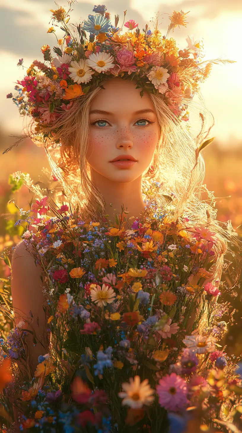 Woman with blue eyes and flower crown in meadow at sunset.