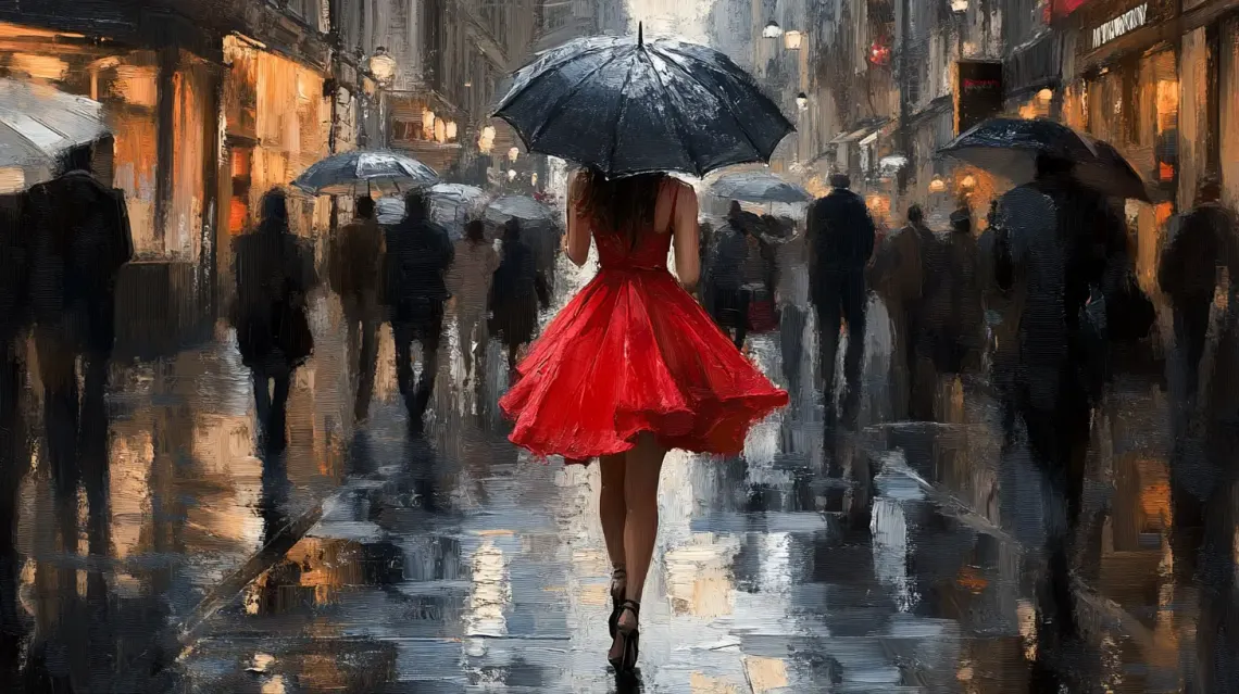 Woman with umbrella in red dress and heels, walking in rain, Impressionist painting.