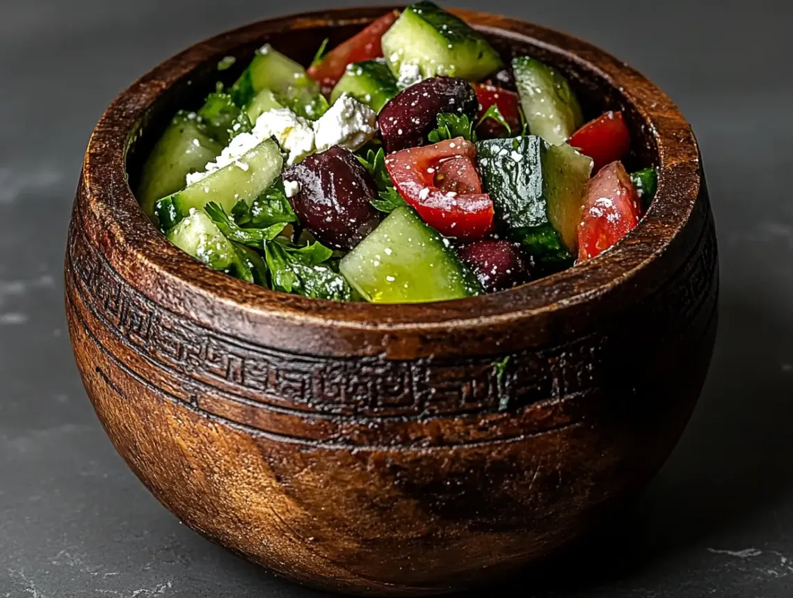 Vibrant salad overflowing in a wooden bowl with cucumbers, tomatoes, and feta cheese, showcasing freshness and nutrition.