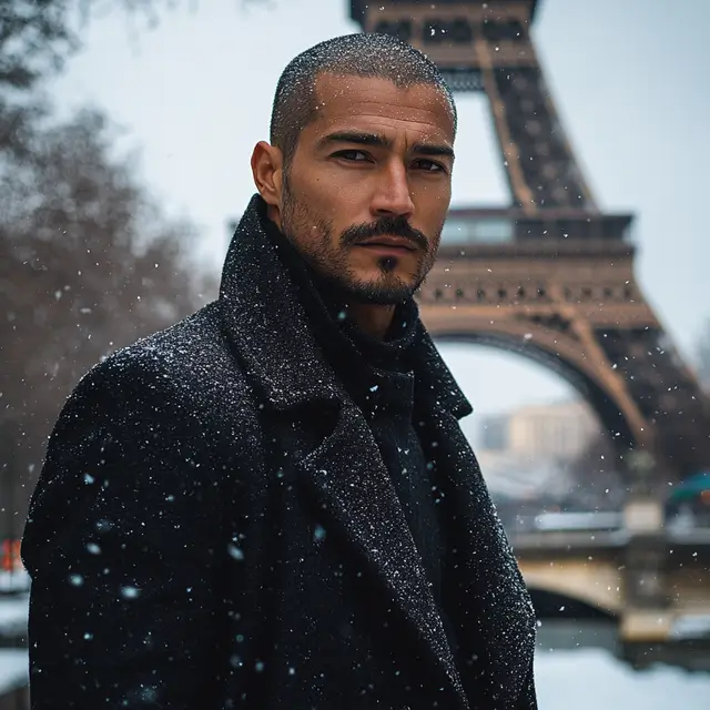 A 27-year-old man with bald black hair and a long black coat.