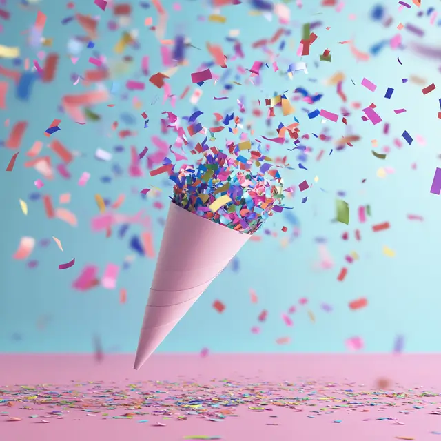 3D illustration of a party popper with confetti flying.