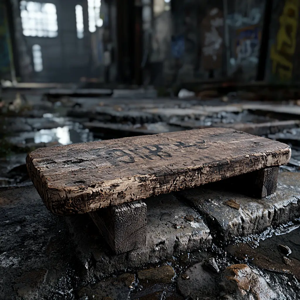 A dark wooden bench with visible grains atop a dirty, debris-covered floor in a simple setting. 