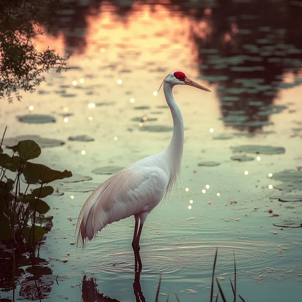 White bird standing gracefully in calm water, its feathers glistening in the sunlight in a serene natural setting.