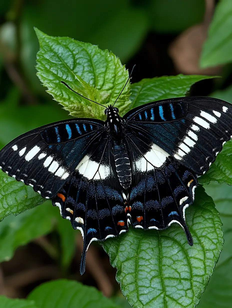 Vibrant butterfly resting on a green leaf with dark blue and white stripe, displaying tranquility in nature.