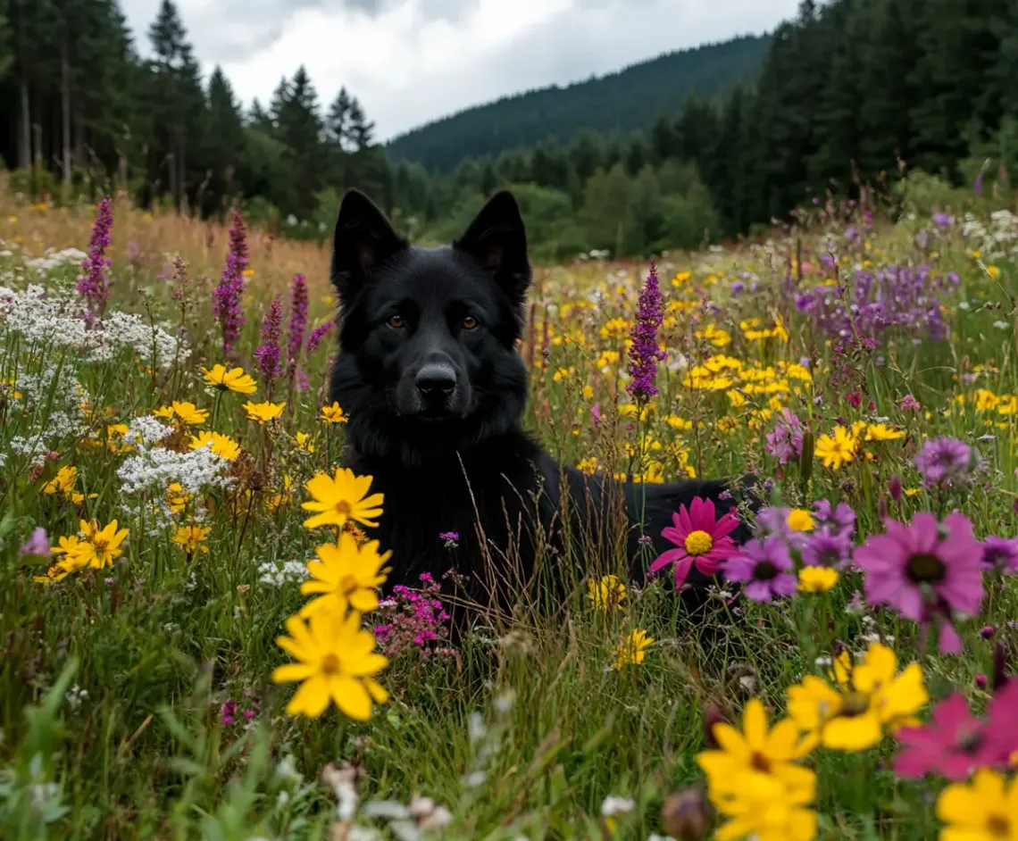 Serene black dog lying in a field of vibrant flowers, blending harmoniously with the tranquil surroundings.