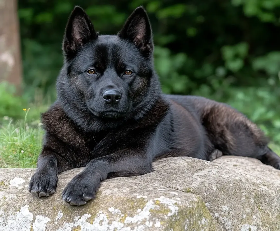 Serene black dog laying on a rock surrounded by lush green grass in a tranquil outdoor setting.