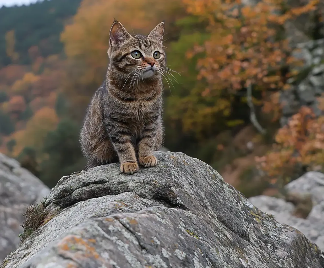 Graceful cat sitting contently on a grey rock in a serene outdoor setting.