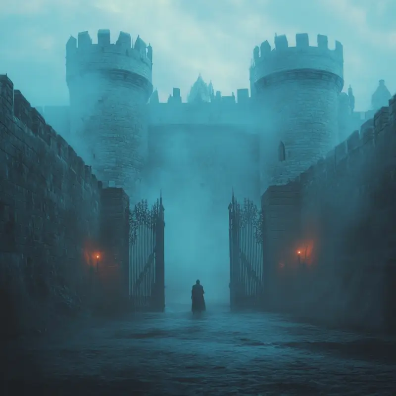 Cinematic still of the imposing gates.