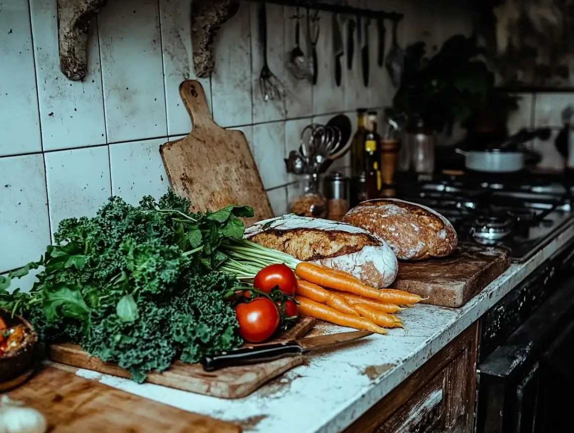 Assortment of fresh vegetables spread across a kitchen counter in warm, natural light for meal preparation.