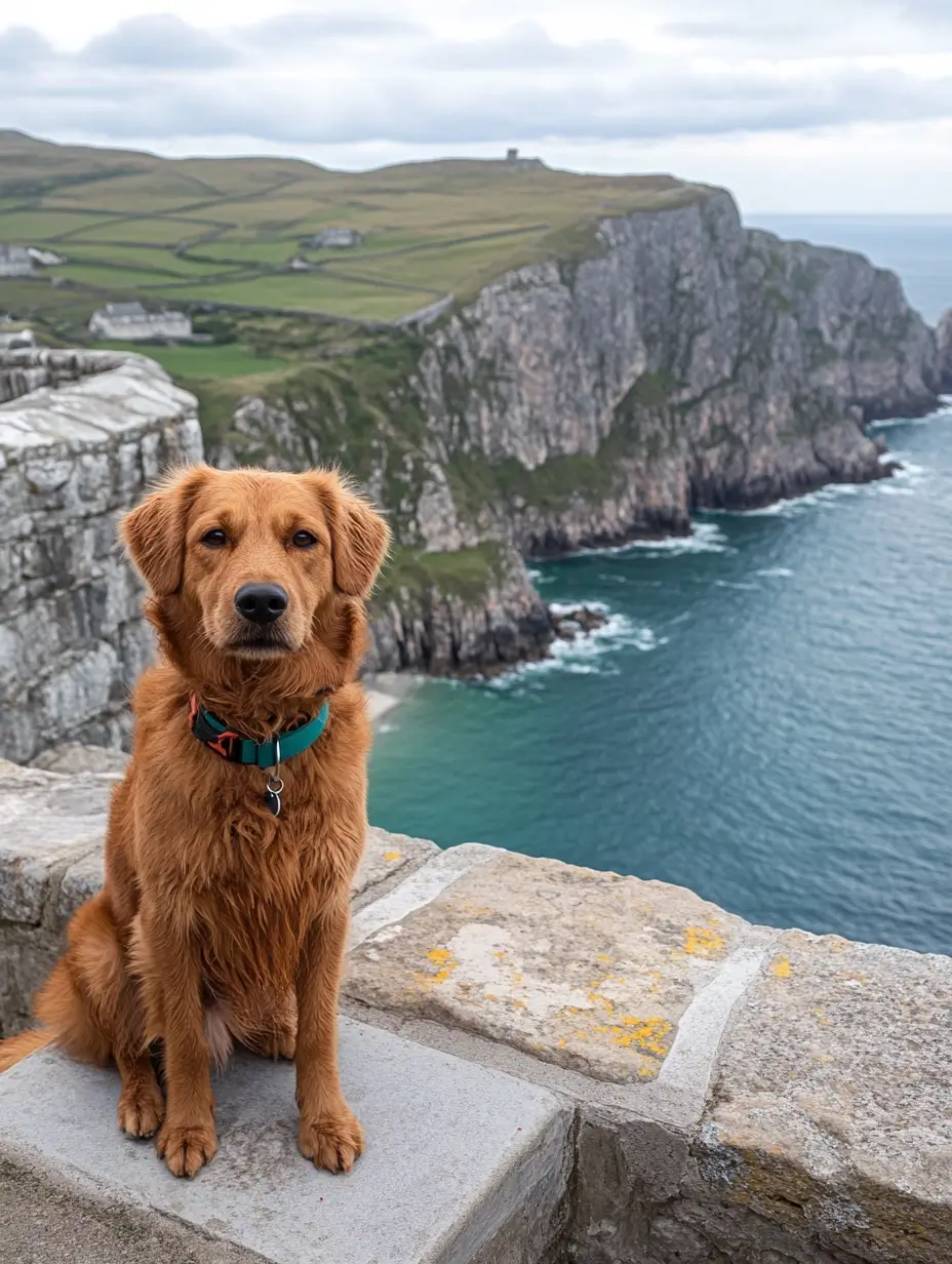 Fluffy dog sitting peacefully on a ledge overlooking a serene, sparkling blue ocean.