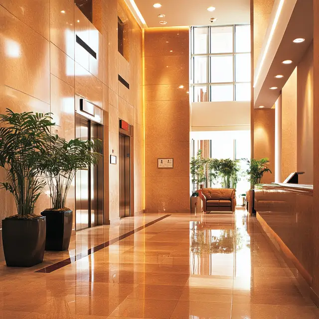 A fancy corporate lobby with an elevator.