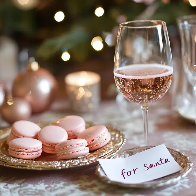 A glass of rose sparkling wine on a table at a Christmas event.