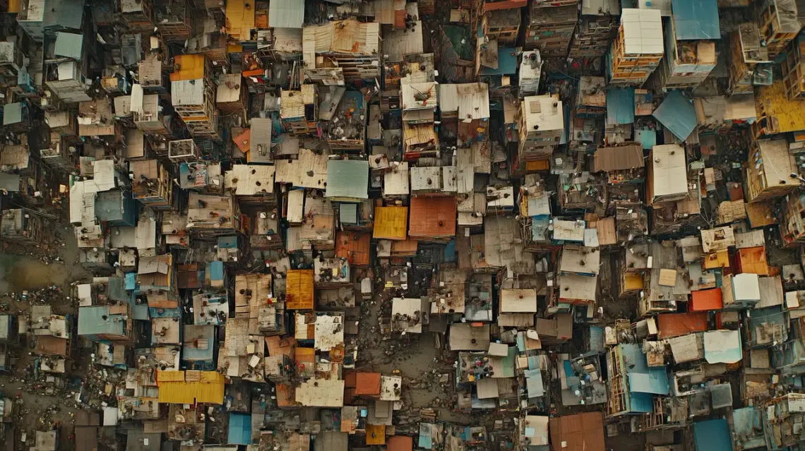 Extremely crowded Indian slum with thousands of shanty houses.