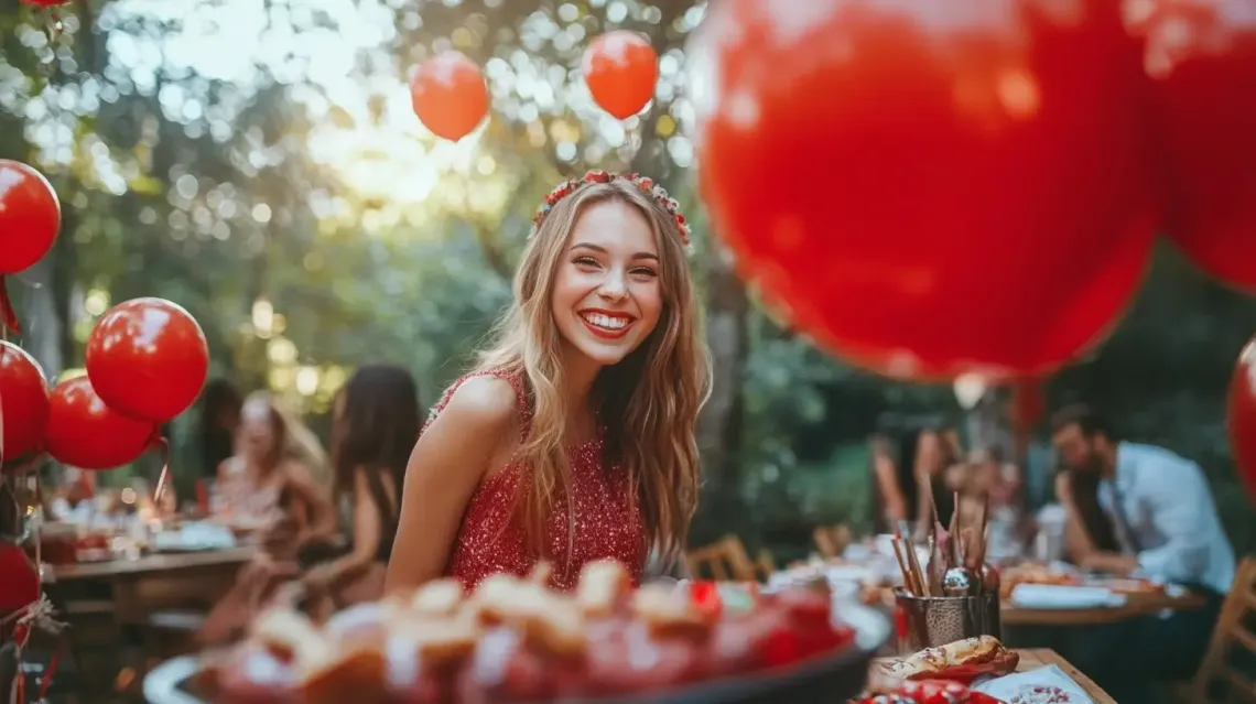 Joyful woman smiling, exuding happiness before a meal in a casual setting.