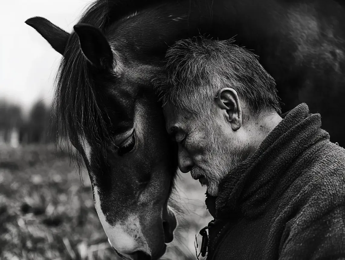 Man serenely petting a majestic horse in a field under the open sky, symbolizing human-animal bond.