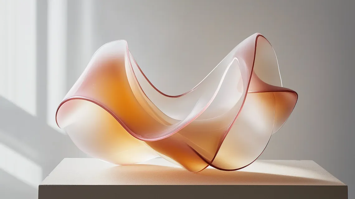 Elegant and meticulously crafted curved glass sculpture on a clean white surface reflecting light.