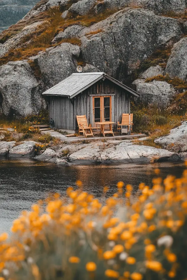 A serene Nordic cabin located by the sea.