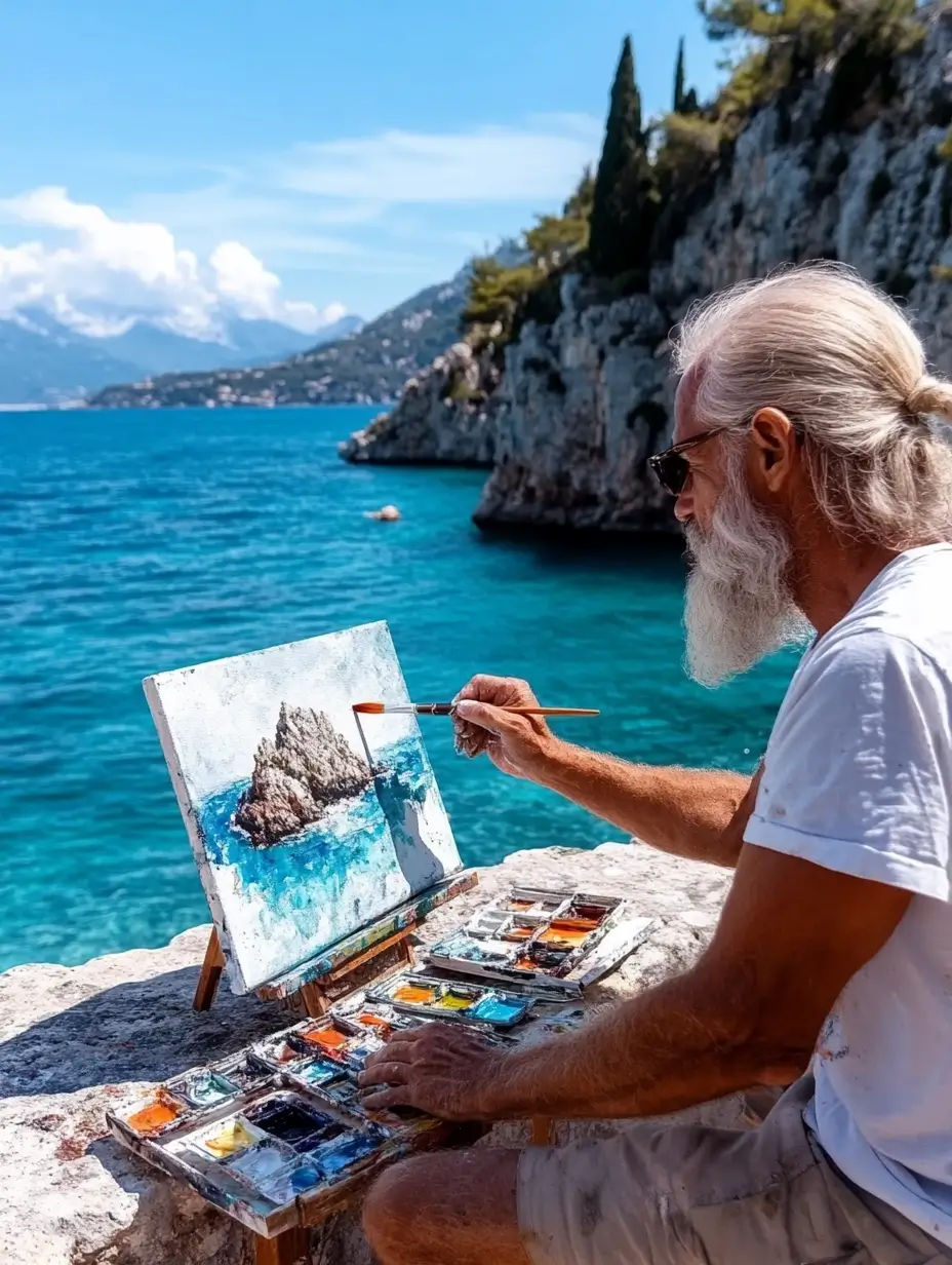 Man engrossed in painting a canvas, encapsulating creativity and tranquility.