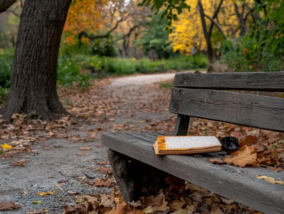 Weathered book resting on a wooden bench in a tranquil park surrounded by lush greenery.