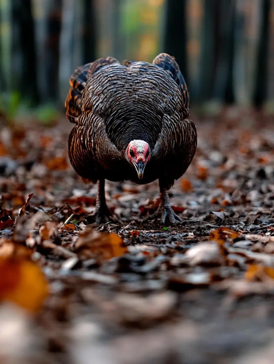 Turkey navigating through a forest with vibrant autumn foliage.