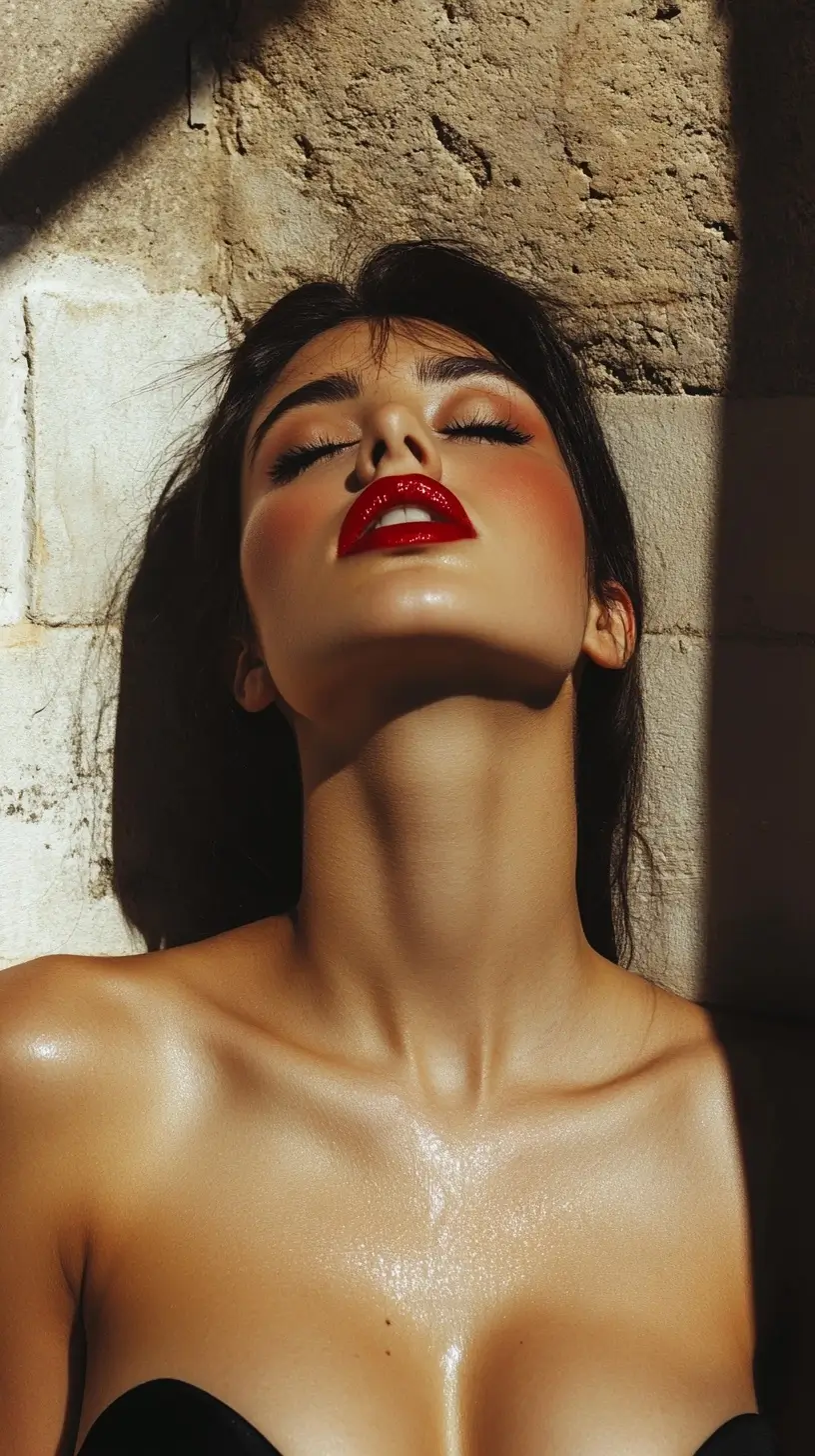 Woman with striking red lips in a black bra showcasing a confident, alluring expression.