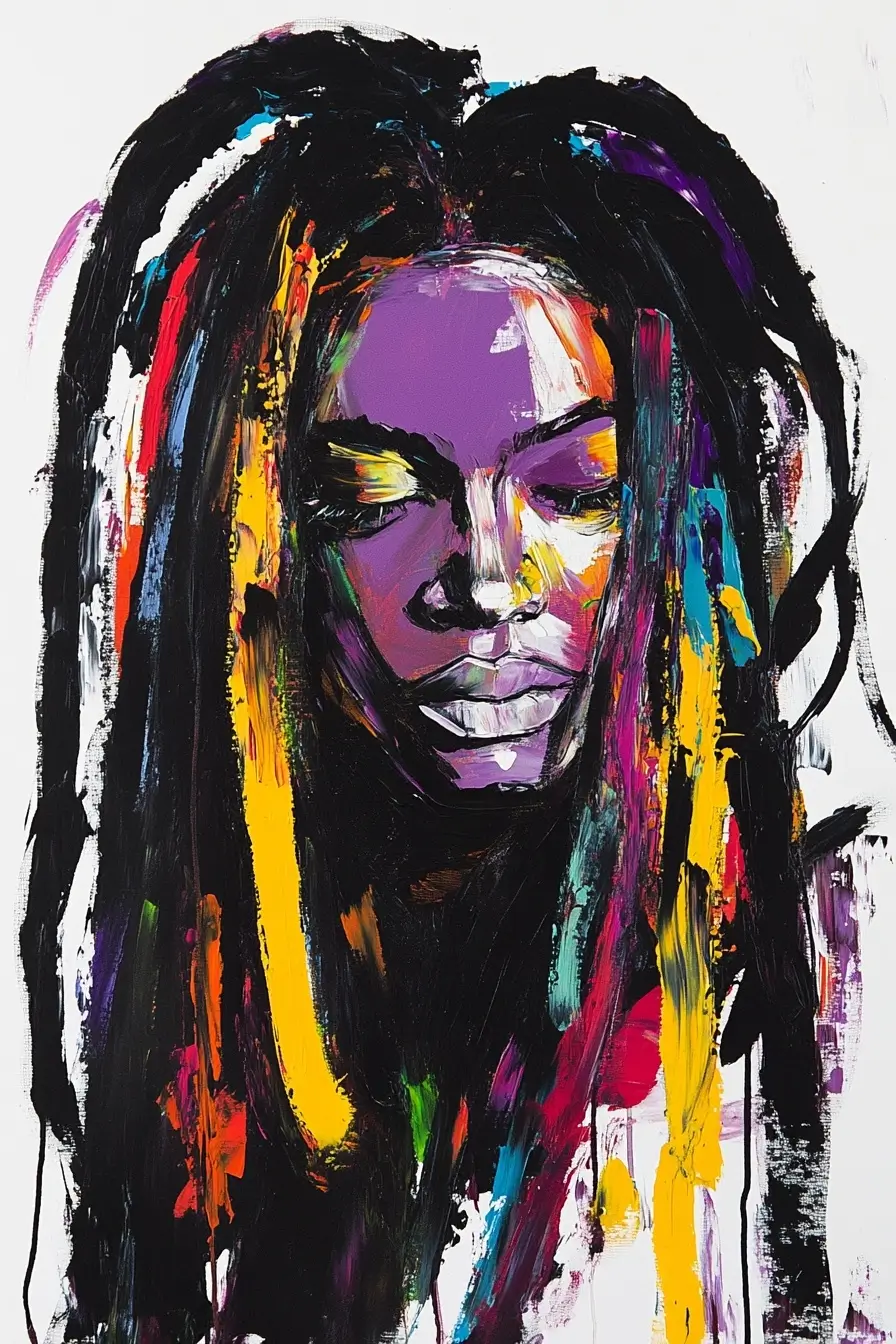 Painting of a confident woman with detailed dreadlocks expressing cultural diversity and individuality.