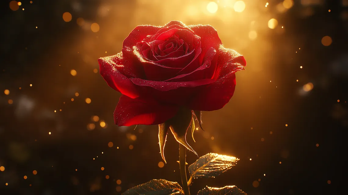 Sunlit vibrant rose with intricate details and a blurred background emphasizing its natural beauty.