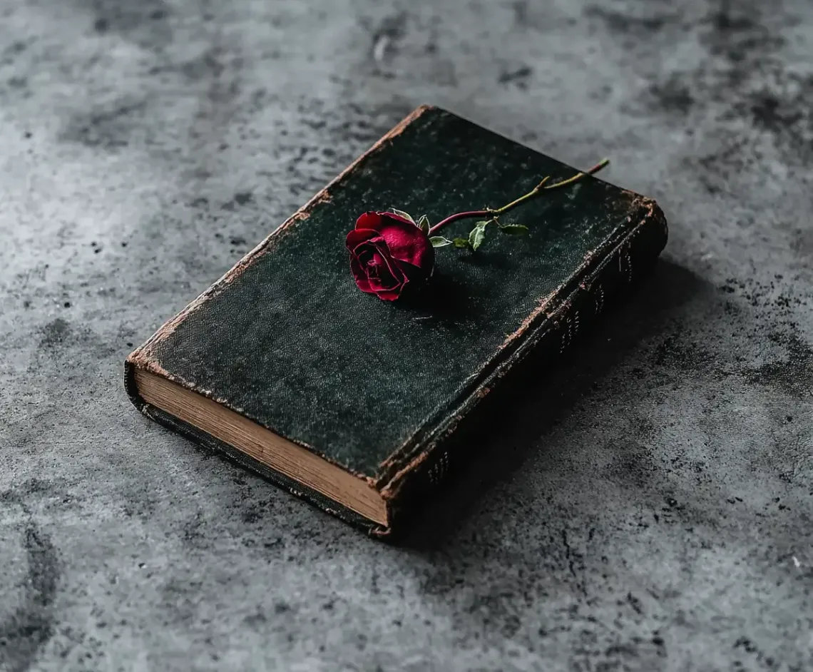 Closed book with a vibrant red rose delicately placed in the center, showcasing a simple yet elegant composition.